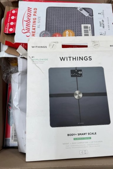 Assorted Box of Household Items incl: Withings Scale, Sunbeam Heating Pad C