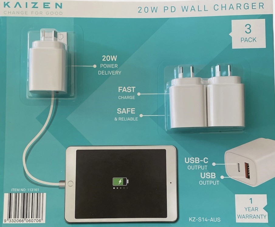 KAIZEN 20W Power Delivery Wall Charger 3 Pack USB C OUTPUT Phone Tablet Cha