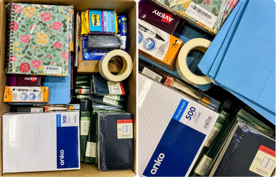 BOX OF ASSORTED OFFICE & STATIONERY SUPPLIES: Folders, Binders, Markers, Pa