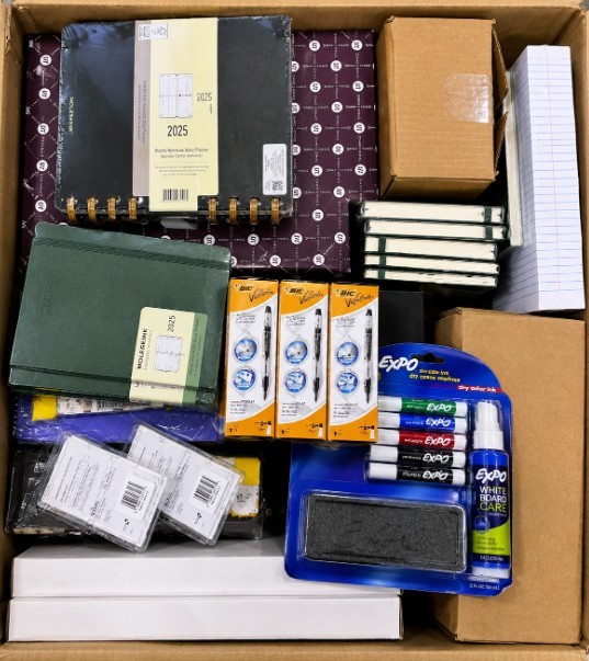 BOX OF ASSORTED OFFICE & STATIONERY SUPPLIES: Folders, Binders, Markers, Pa