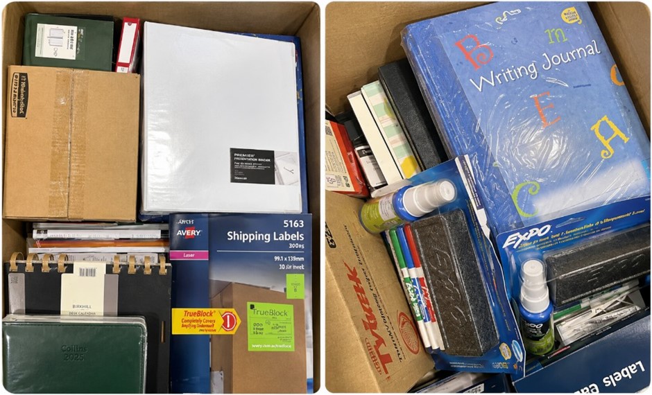 BOX OF ASSORTED OFFICE & STATIONERY SUPPLIES: Folders, Binders, Markers, Pa