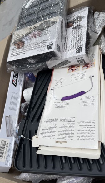 Assorted box of Homeware items. Incl: Shoe dry racks, cake leveler, electri