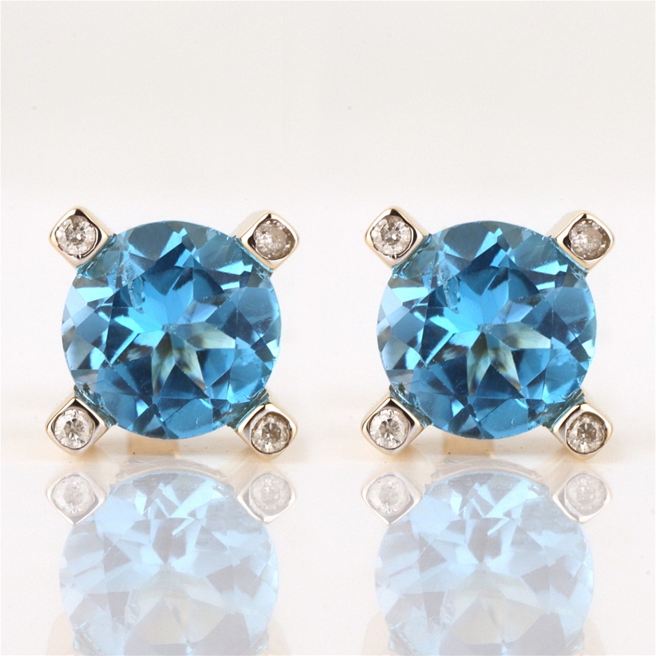 Yellow Gold Natural Swiss Blue Topaz & Diamond Earrings with IGI valuation