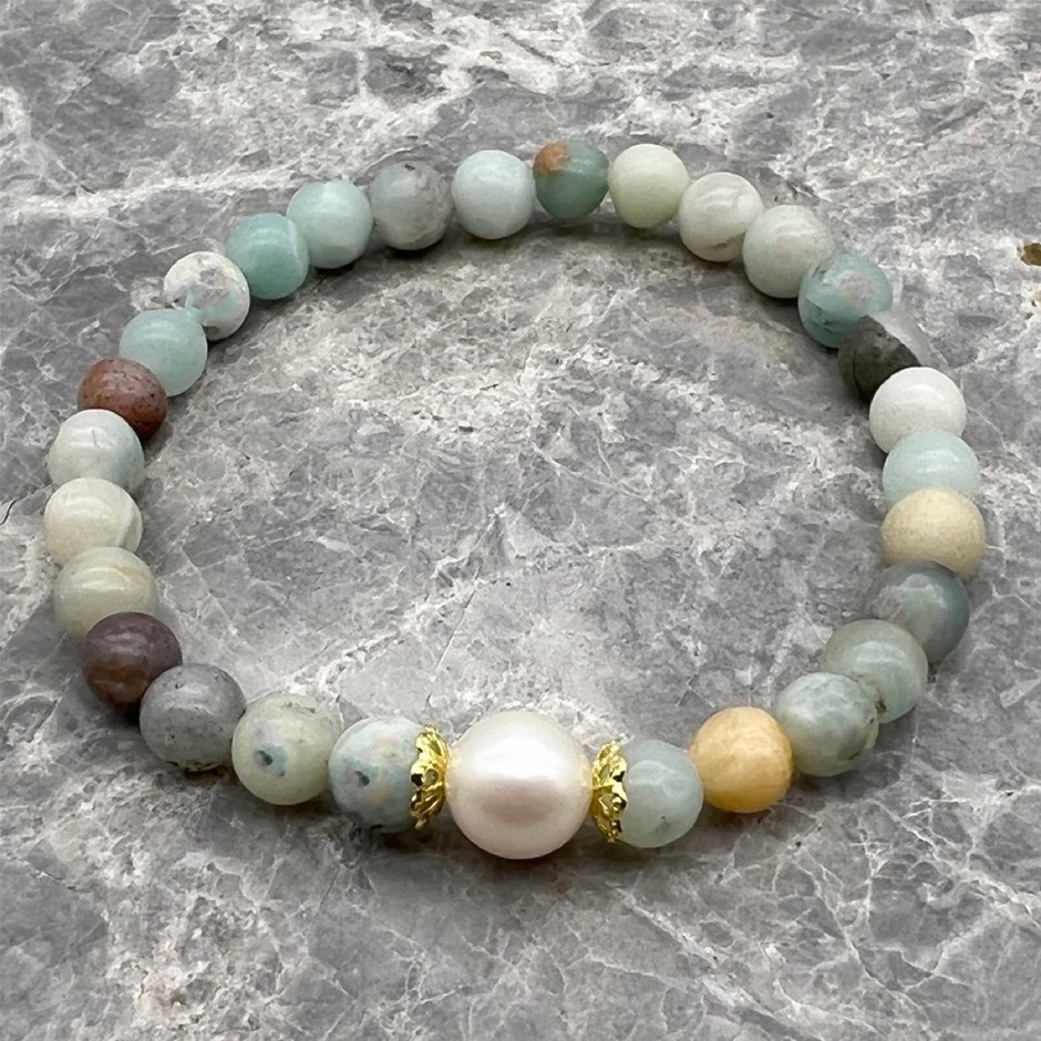10mm White Pearls with Amazonite Gemstone Bracelet