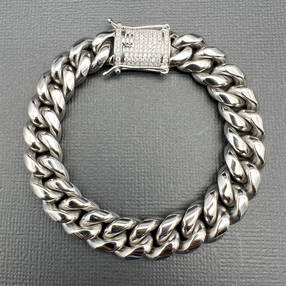 Silver-Filled Cuban Bracelet AAA+ Cubic Zirconia Clasp, 12MM - 19cm