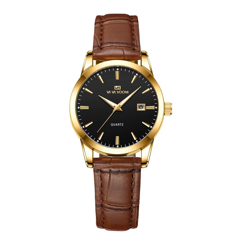 Classic Women's Quartz Watch with Leather Strap - Brown/Gold