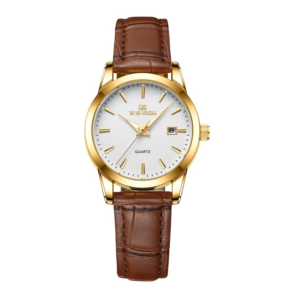 Classic Women's Quartz Watch with Leather Strap - White/Gold/Brown