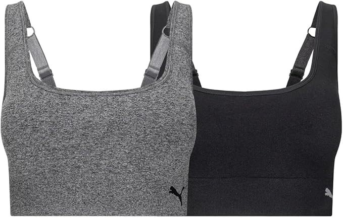 2-Pack PUMA Square Neck Seamless Sports Bras, Size XL, Med Heather Grey/Bla