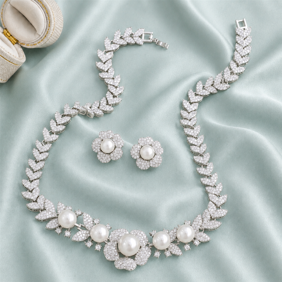 AAA+ Micro Pave Cubic Zirconia Faux Pearl Flower Jewellery Set