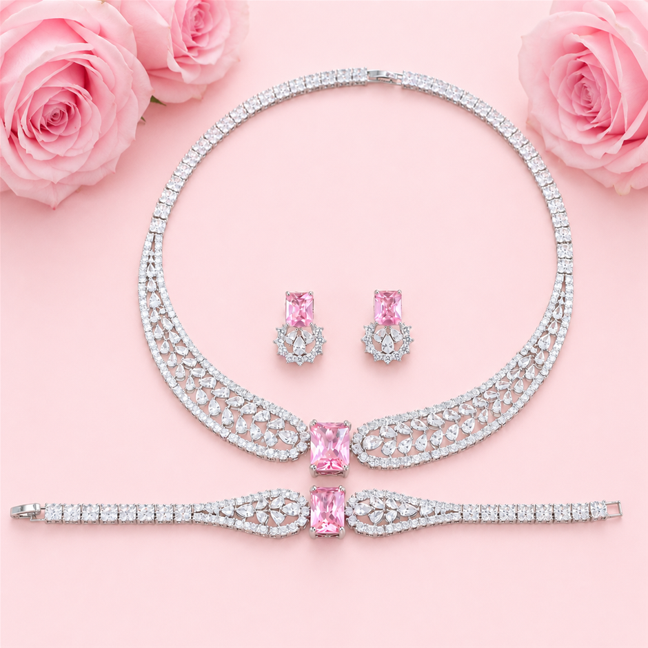 AAA+ Cubic Zirconia Pink Necklace, Bracelet and Earring Jewellery Set