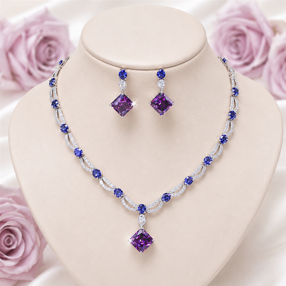 Beautiful AAA+ Cubic Zirconia Blue Oval and Purple Rhombus Jewellery Set