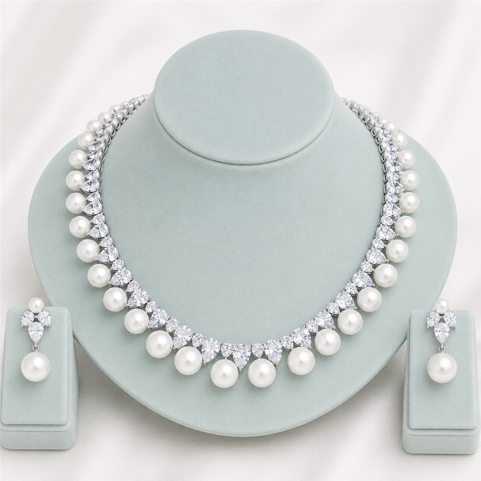 Big Faux Pearl and AAA+ Cubic Zirconia Jewellery Set