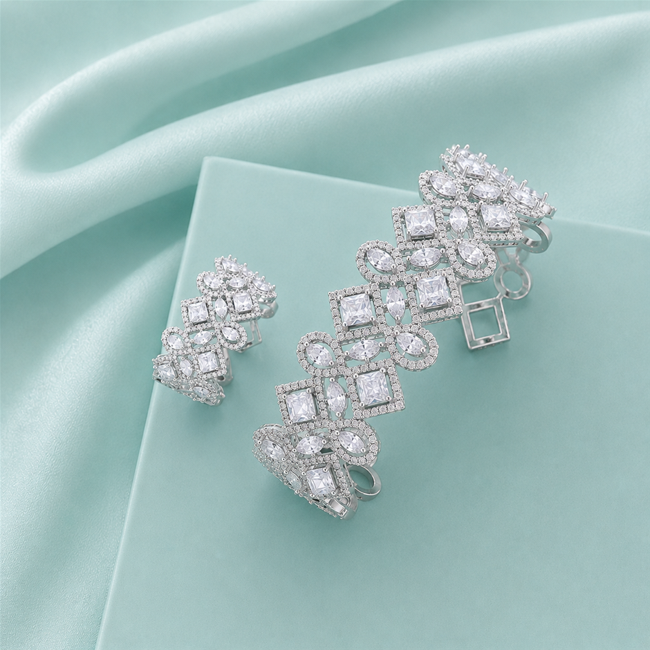 AAA+ Cubic Zirconia Cuff Bangle and Ring Jewellery Set