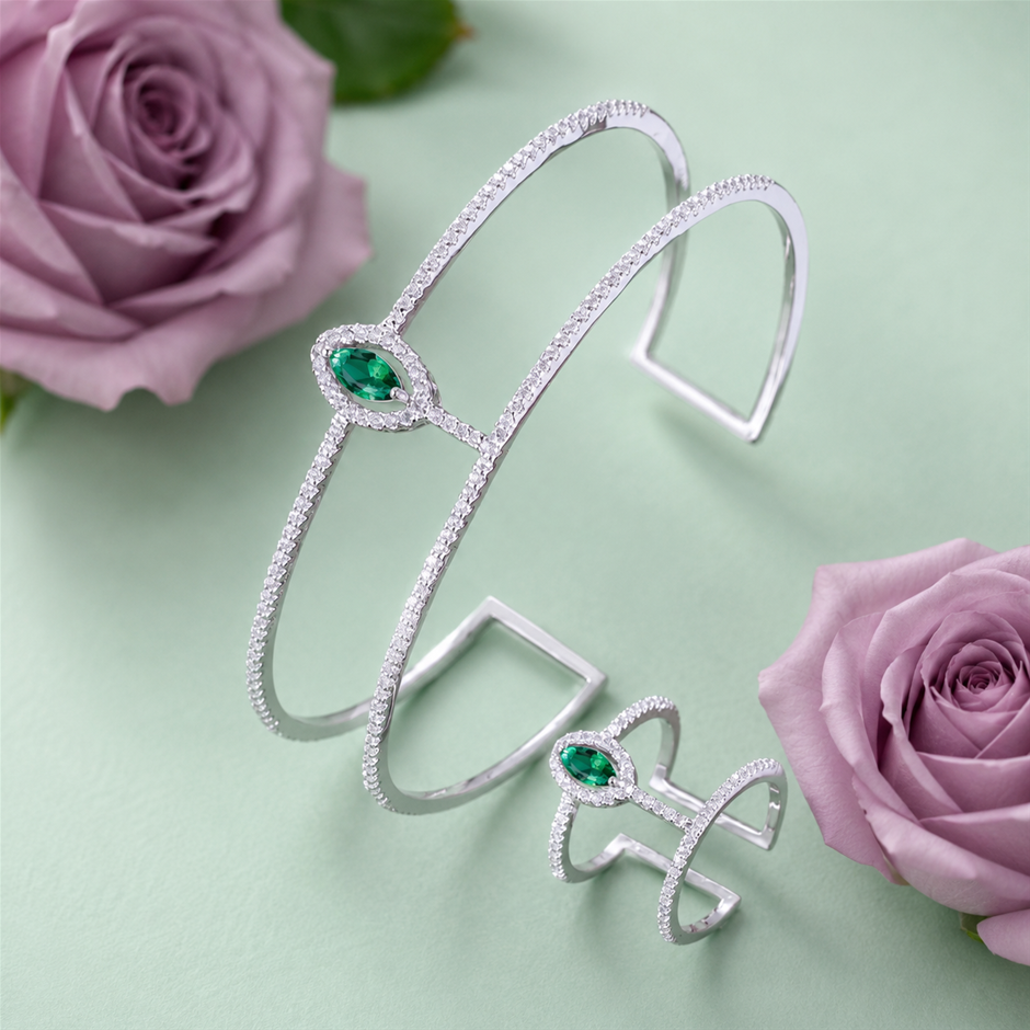 Wide Cuff Bangle and Ring AAA+ Cubic Zirconia Jewellery Set