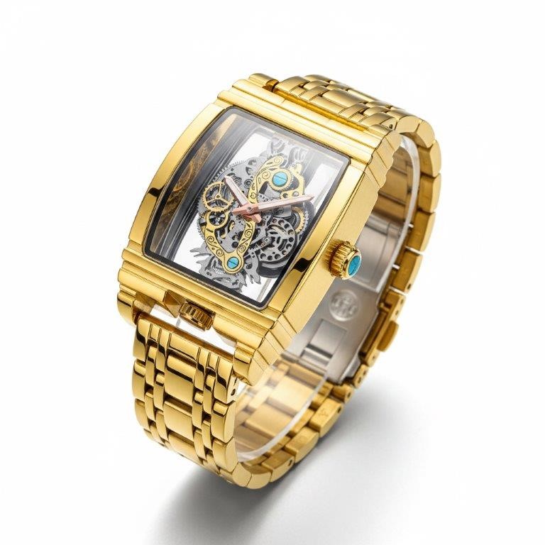 Jewelz Merchants Men’s Gold-Tone Skeleton-Style Rectangular Watch