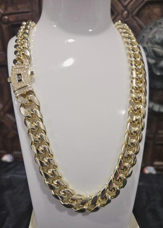 18K/Italy Triple Solid Yellow Gold Plated Cuban Chain -55cm-14mm