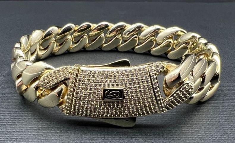 18K/Italy Triple Solid Yellow Gold Plated Cuban Bracelet -22cm-14mm