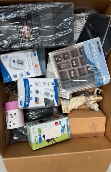 Assorted Box of Household Items incl: Jewellery Trays, Blood Pressure Monit