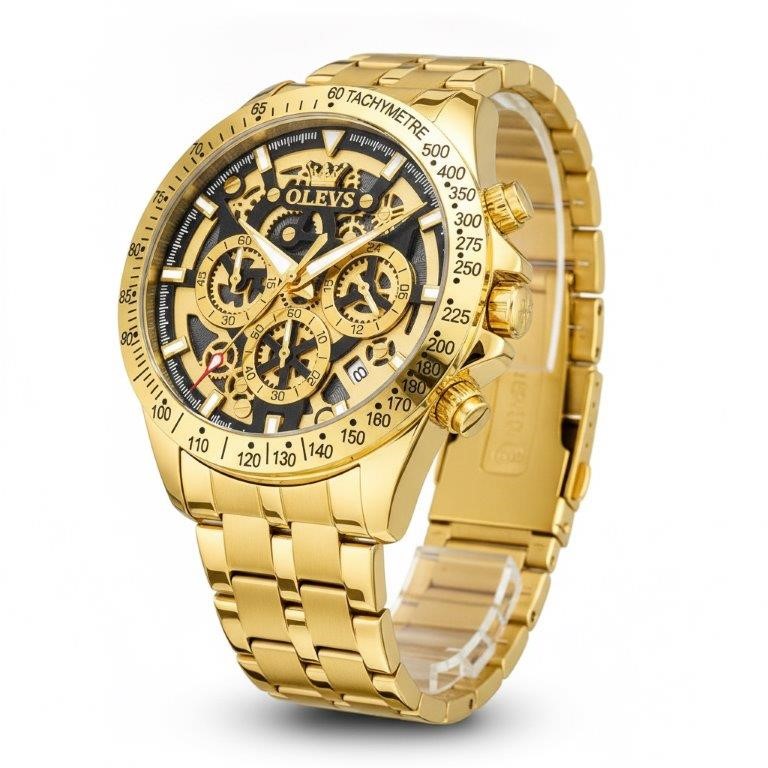 Luxury OLEVS Skeleton Gold-Tone Men's Watch with Premium Gift Presentation