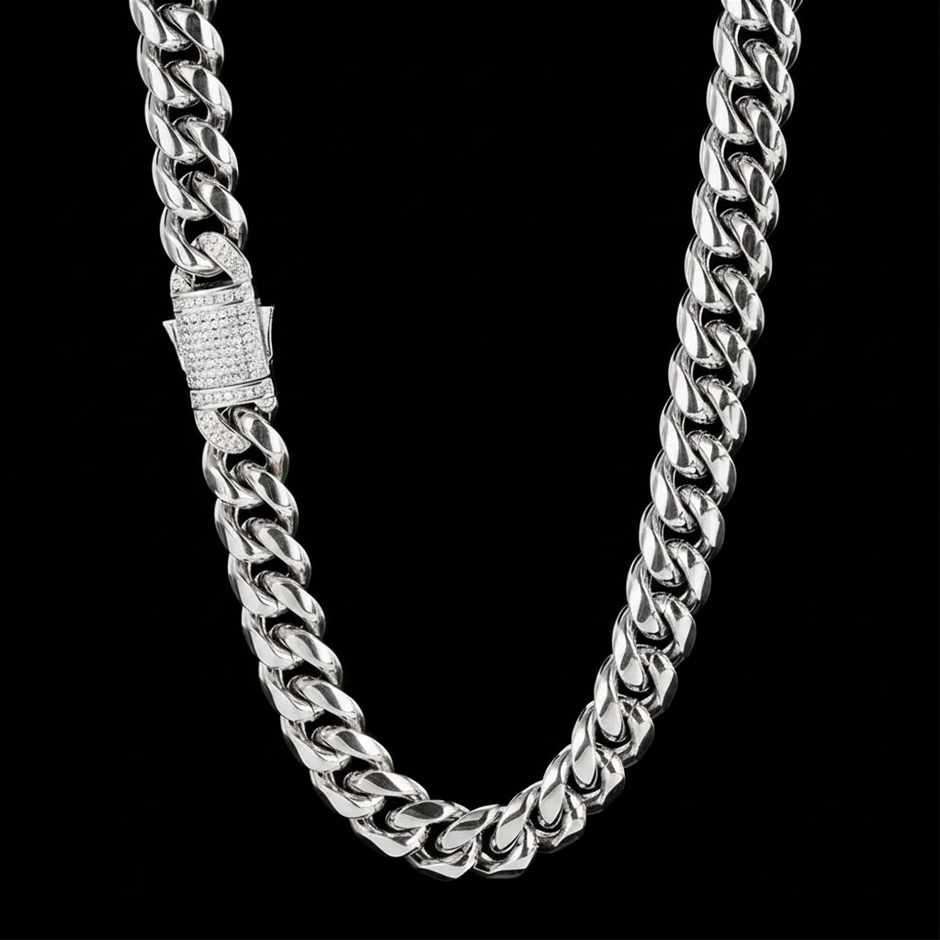 Silver-Filled Cuban Chain Necklace with AAA+ Cubic Zirconia - 12MM-60.9cm