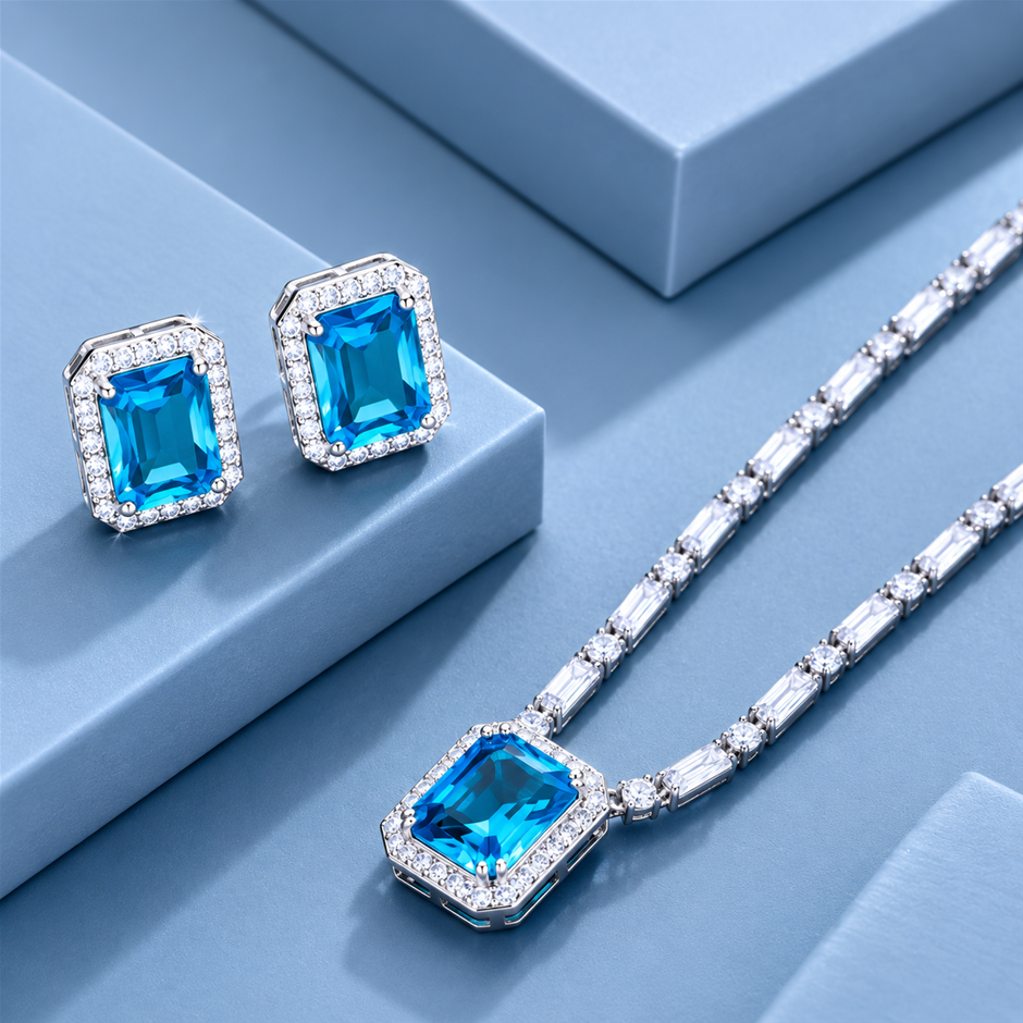 Blue Rectangular Style AAA+ Cubic Zirconia Jewellery Set