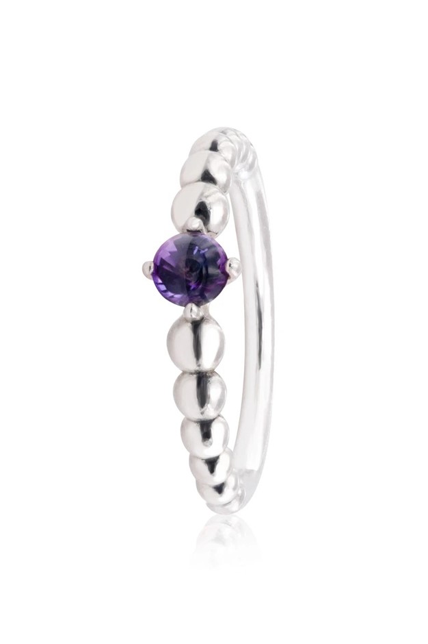 February Purple Silver Ring with Man-Made Purple Crystal Size 56