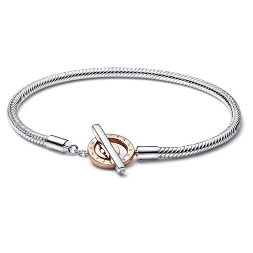 Snake chain sterling silver and 14k rose gold-plated toggle bracelet