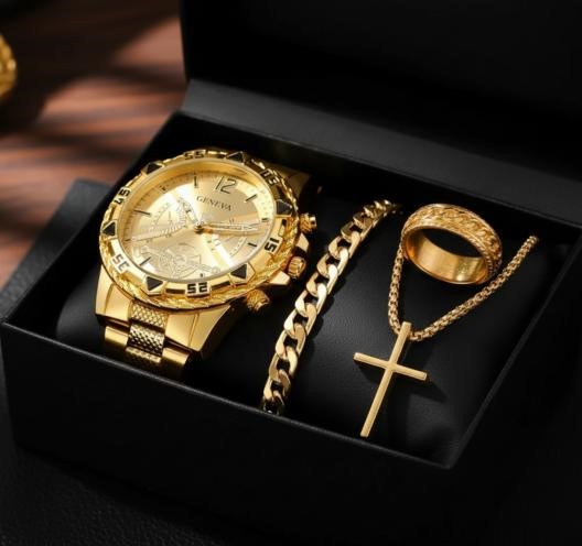 Men's 4-Piece Gold-Tone Gift Set – Watch, Bracelet, Ring & Cross Necklace