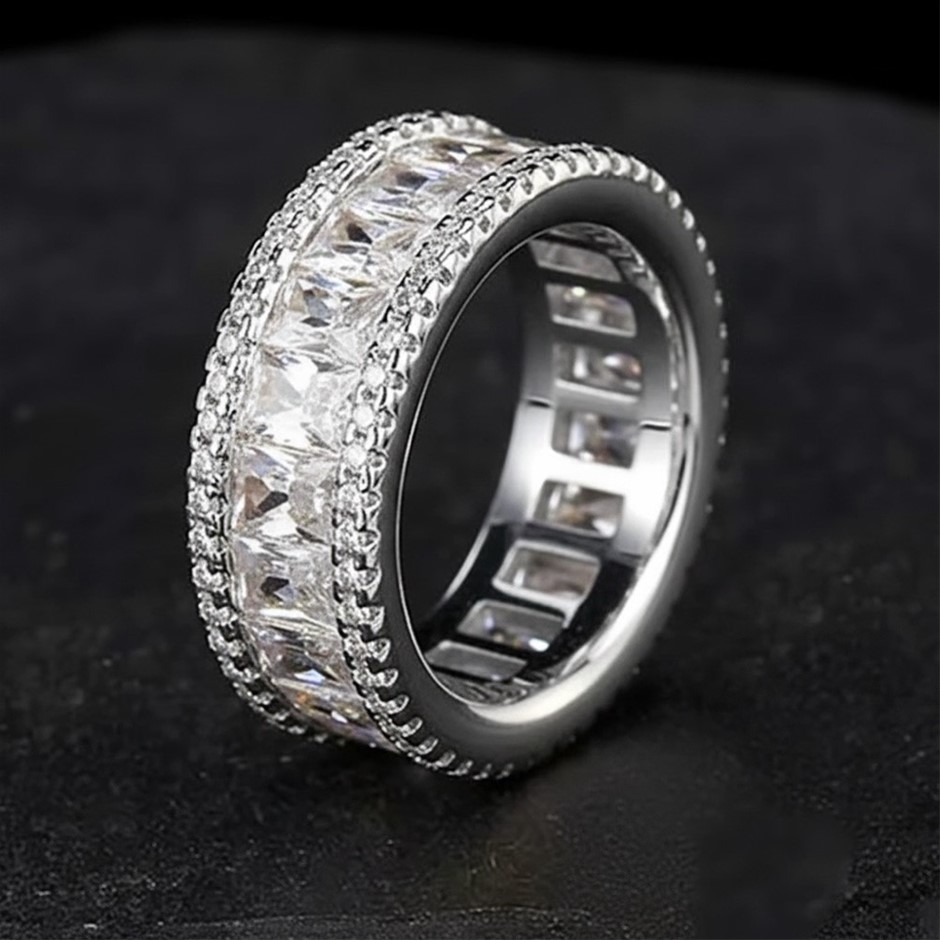 18K White-Filled Cuban Ring with AAA Cubic Zirconias - Size 7