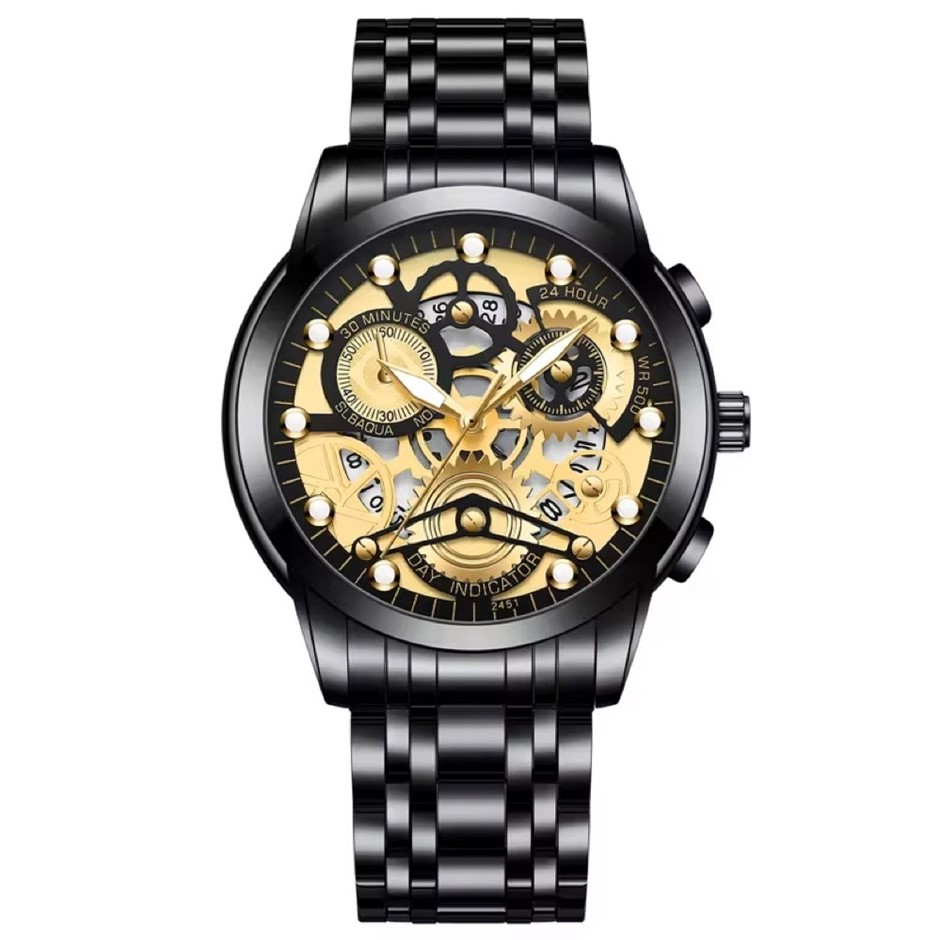 Men's Quartz Watch, Skeleton Design & Mechanical Style, Black/Gold