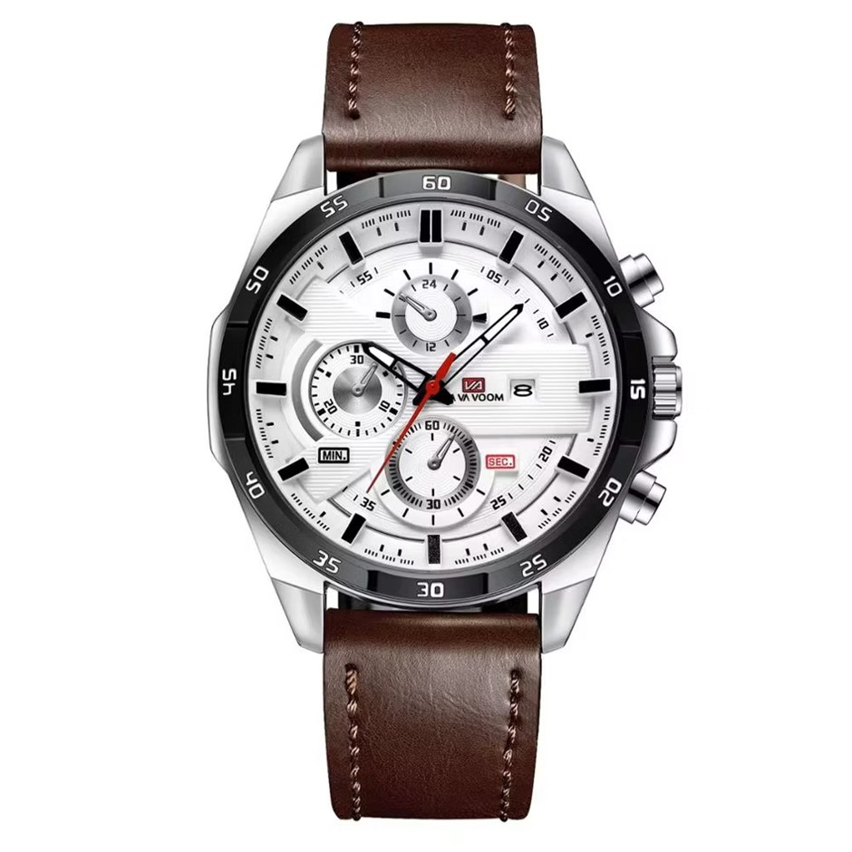 Multifunctional Water Resistant Fashion Watch for Men, Brown/Silver/White