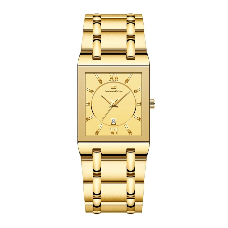 Men Stainless Steel Quartz Watch with Date Calendar - Gold