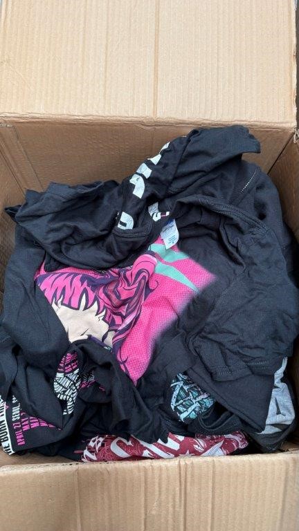 Assorted Box of Gildan T-Shirts with various designs/sizes.