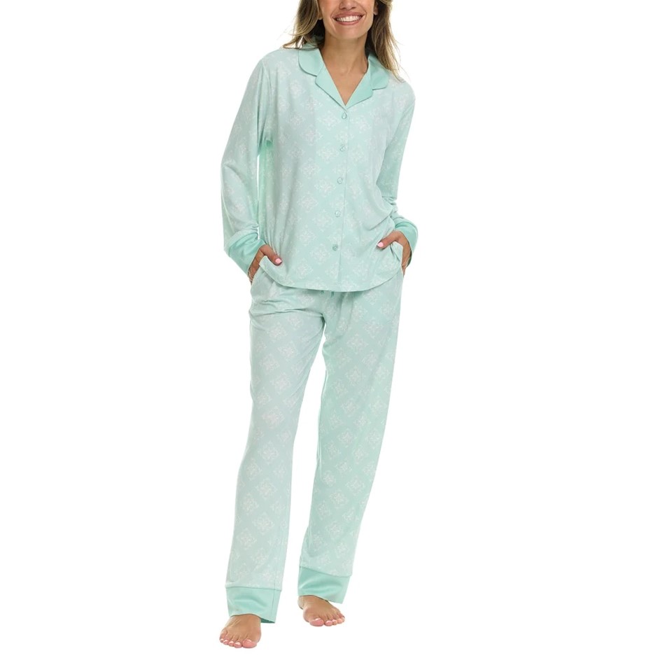 FLORA NIKROOZ Women's Satin Trim PJ Set, Size XL, Green. NB: pant has coffe