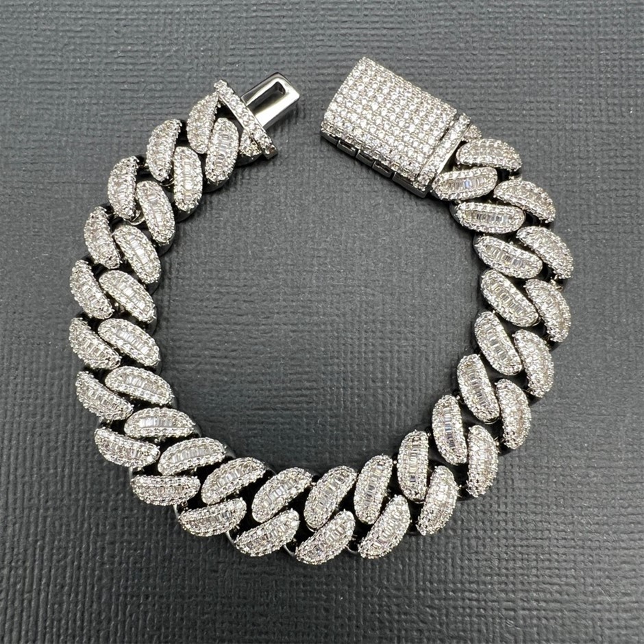 18K White-Filled Cuban Chain Bracelet with AAA Cubic Zirconias - 22.8cm