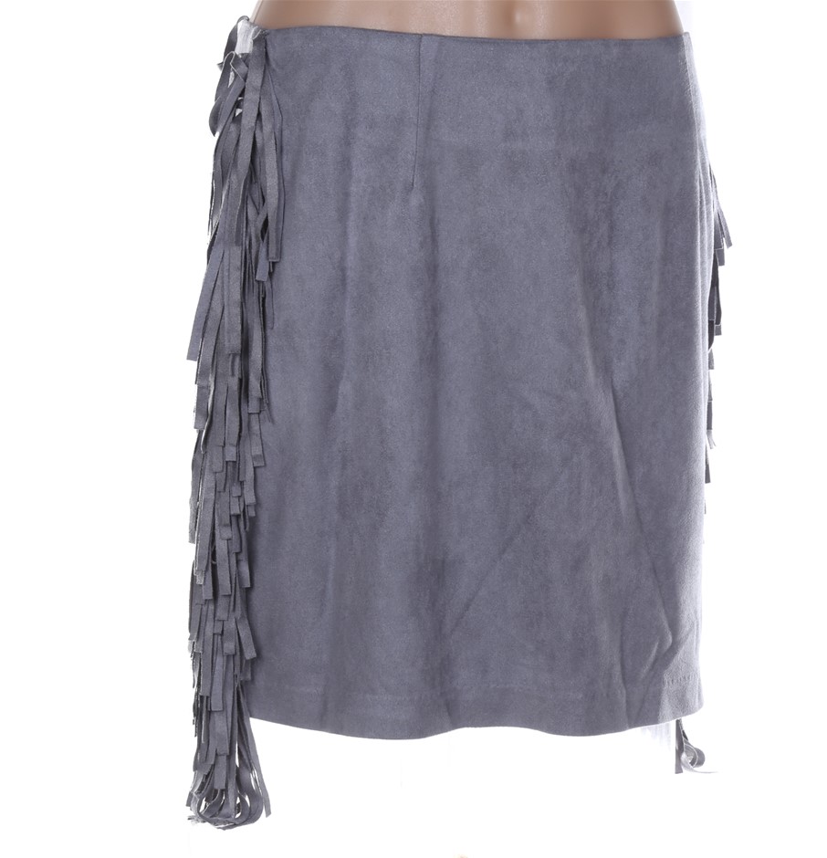 MINK PINK Suede Tassle Skirt. Size L, Colour: Grey. 100% Polyester. RP: $15