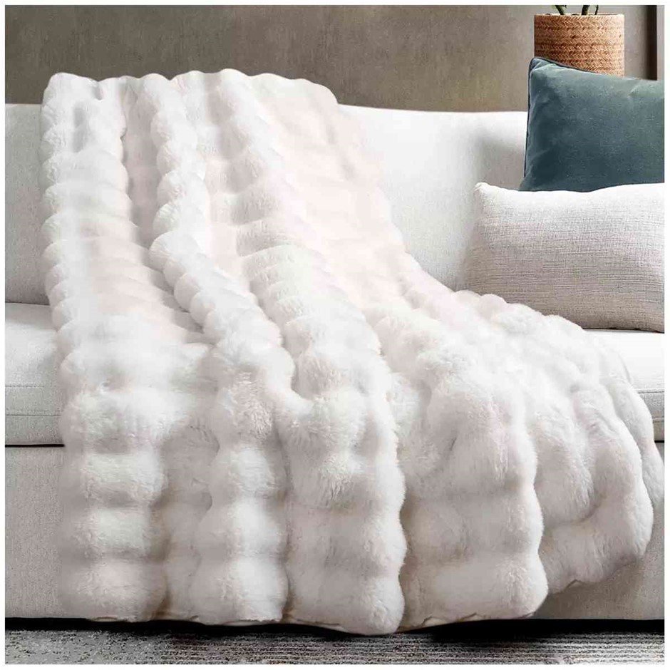 HOUSE & HOME Bubble Faux Fur Throw 152 x 177cm, Ivory. NB: Not in original