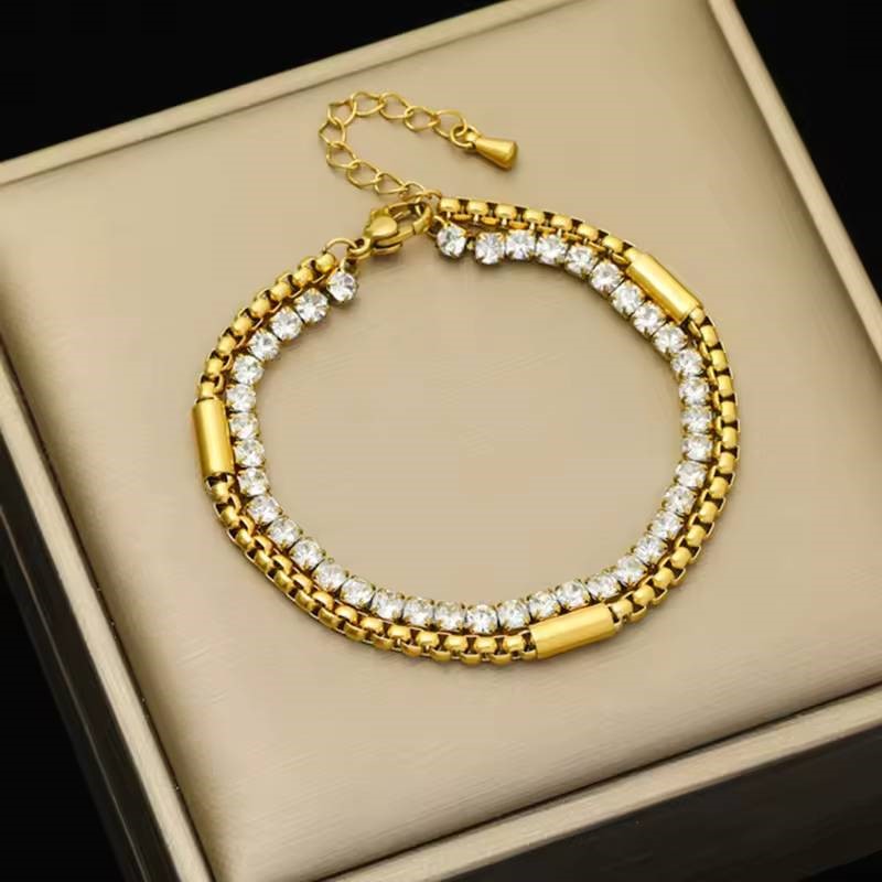 Designer Stainless Steel Double Simulated Diamond Bracelet Gold(Adjustable)