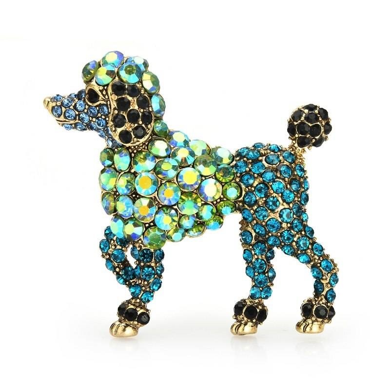 Designer Simulated Diamond Blue, Black & Green Poodle Dog Brooch Pin