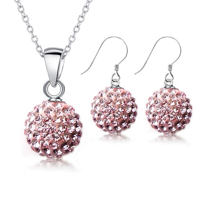 925 Sterling Silver Pink Crystal Disco Ball Earring & Necklace Set
