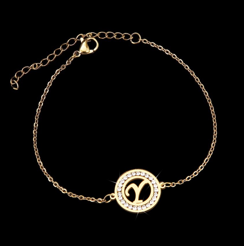Stainless Steel Initial 'Y' Bracelet with Simulated Diamonds - Yellow