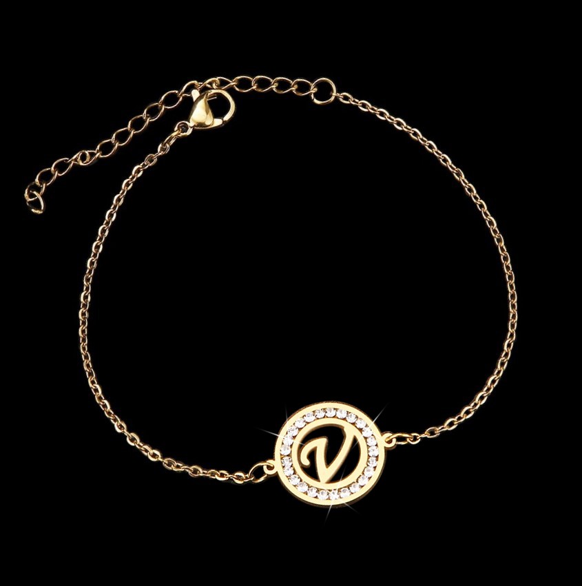 Stainless Steel Initial 'V' Bracelet with Simulated Diamonds - Yellow