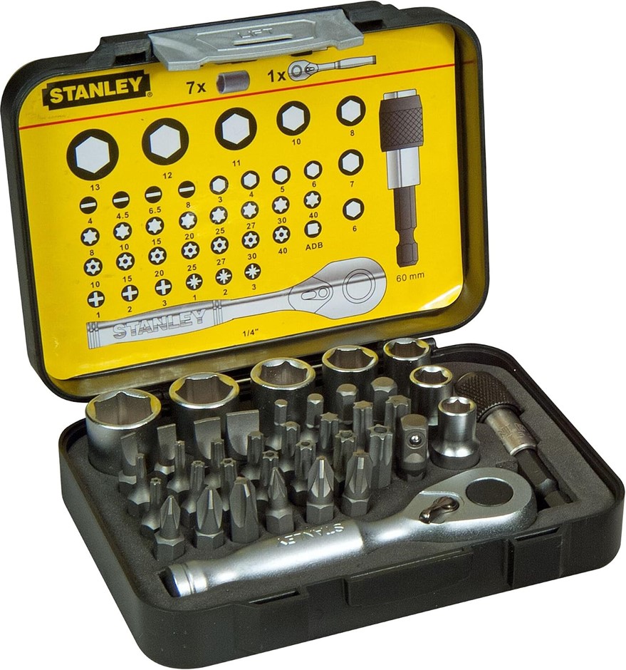 STANLEY 39pc Bit-Set with Mini Ratchet, Silver.