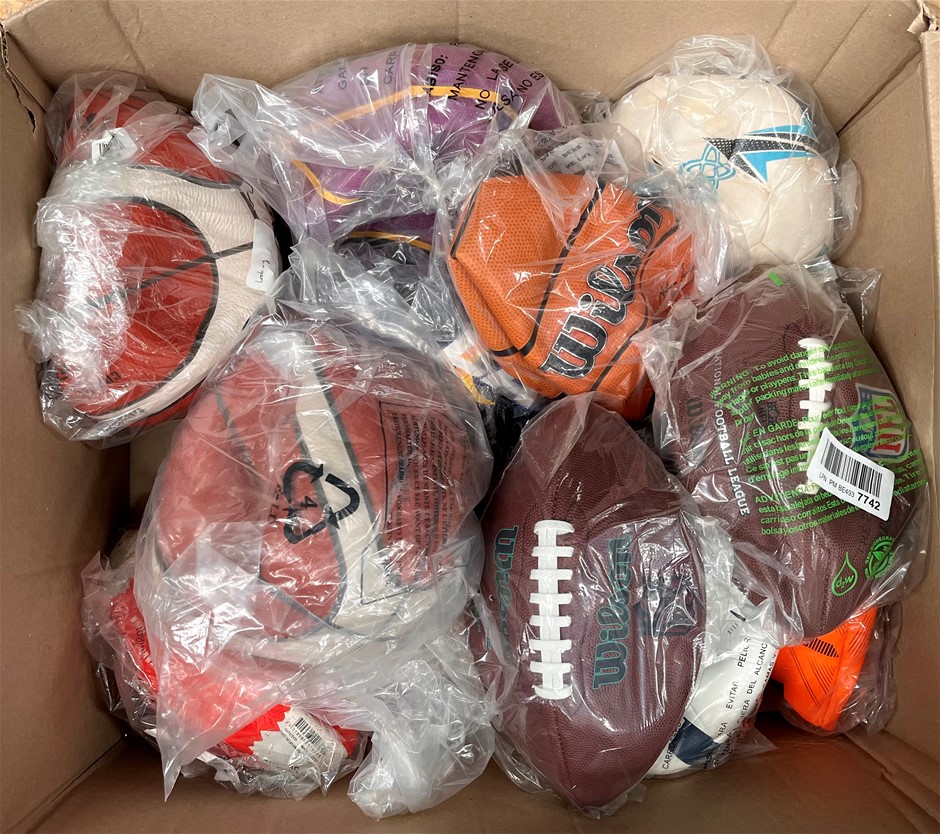 Assorted Sport Balls Including Basketballs, Footballs, Soccer Balls & More.