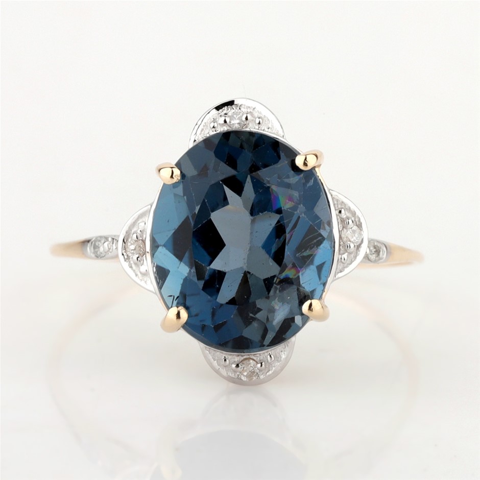 Yellow Gold Natural London Blue Topaz & Diamond Ring with IGI valuation