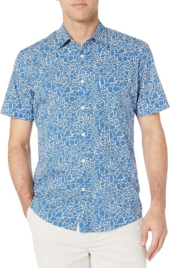 AMAZON ESSENTIALS Men's Regular-Fit SS Poplin Shirt, Size XL, Navy Floral,