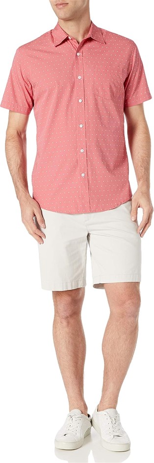 AMAZON ESSENTIALS Men's Regular-Fit Poplin Shirt, Small, Coral Pink White D