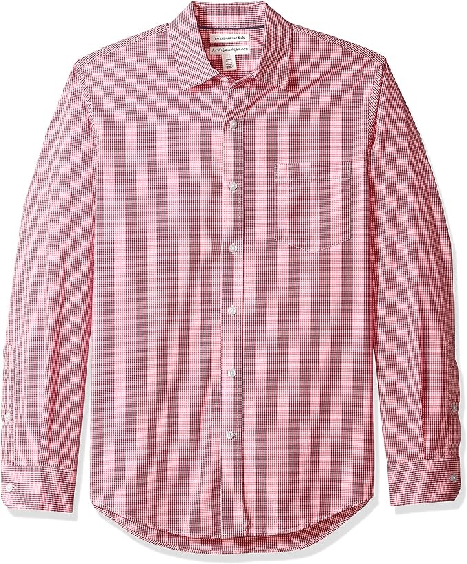 AMAZON ESSENTIALS Men's Slim-Fit LS Poplin Shirt, Size M, Red Gingham, MAE3