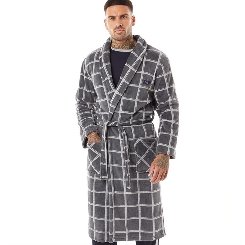 BEN SHERMAN Mens Wilder Fleece Robe, Large, Charcoal/Ivory Check, BSN5/3205