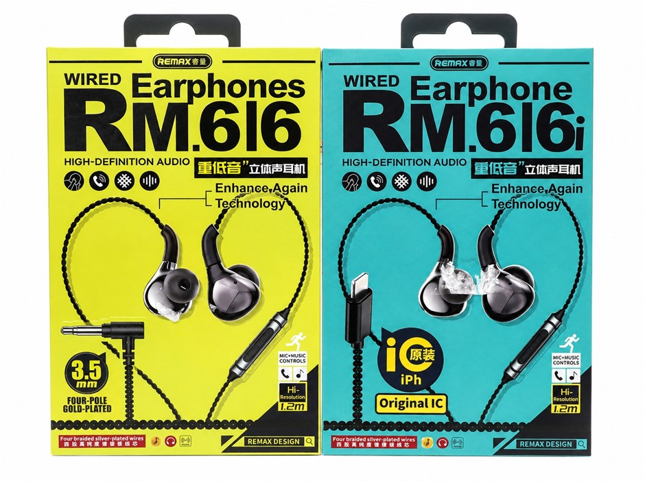 Remax RM-616 3.5mm Music and Call Metal Wired Earphone, Black + Remax RM-61